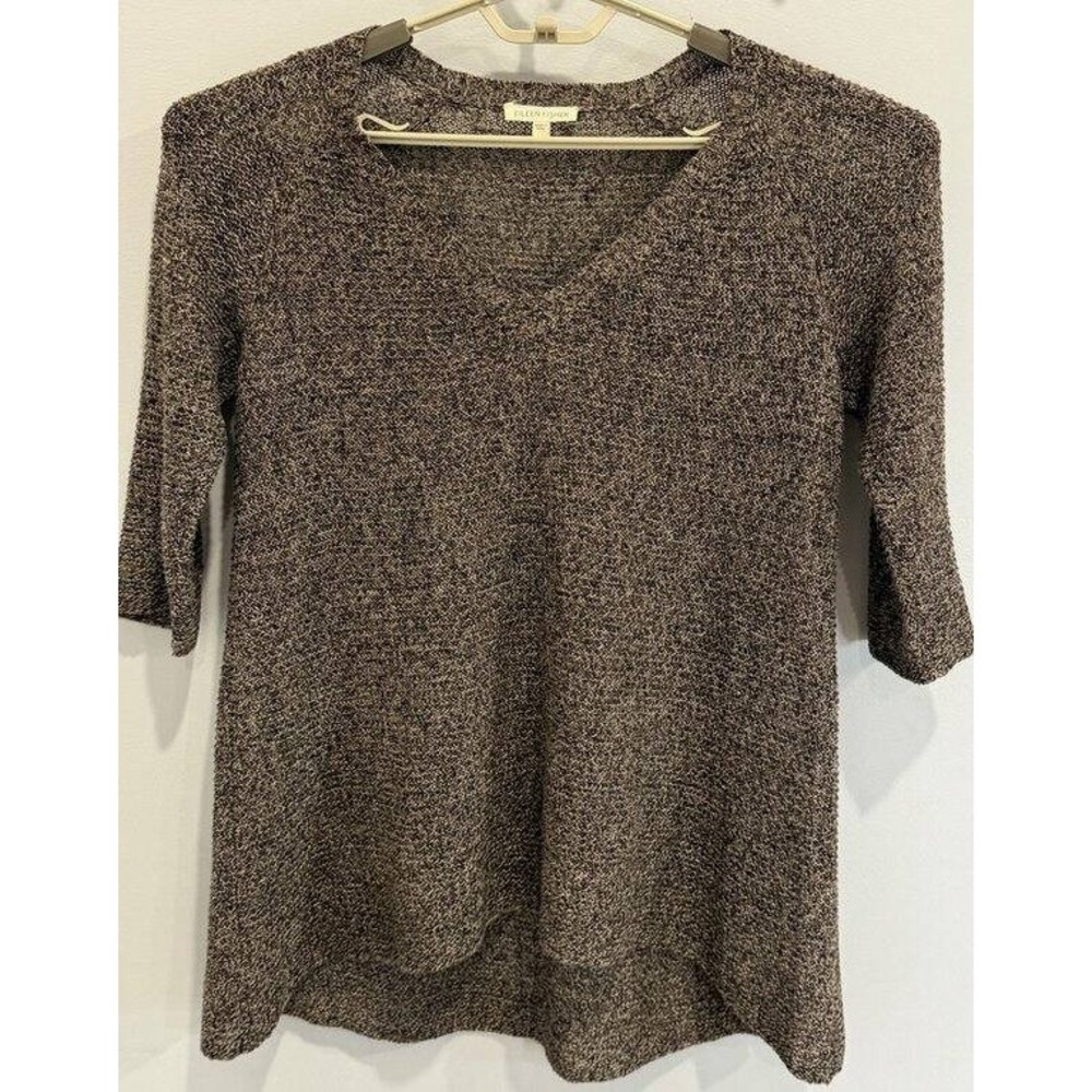 Eileen Fisher 100% Linen Brown Open Knit V Neck Sweater Tunic Elbow Sleeve S